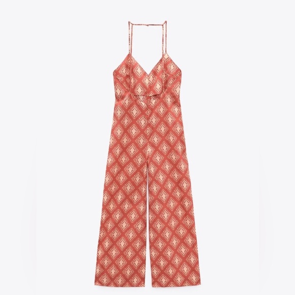 Zara NWOT Printed The Jami Print Jumpsuit orange/creme size Small - Picture 8 of 9